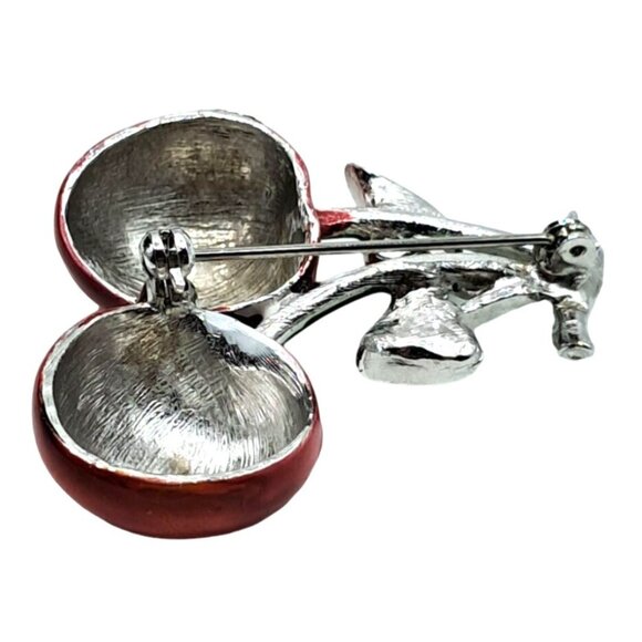 Vintage Cherry Brooch Enamel With Clear Rhinestone Leaves Figural Pin Costume Je - Picture 8 of 10